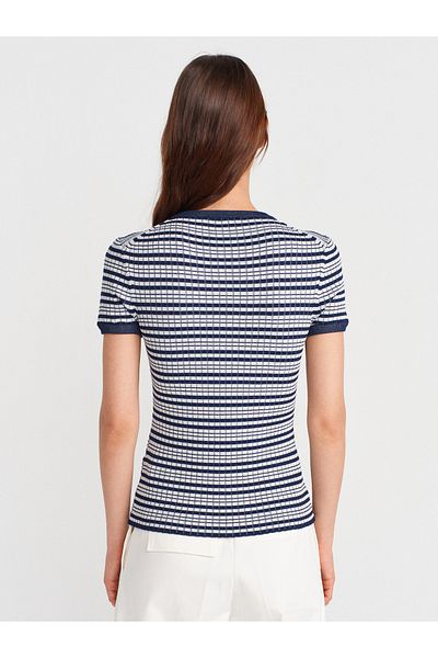 Dilvin 10754 Crew Neck Buttoned Striped Knitwear Blouse-Navy-Ecru