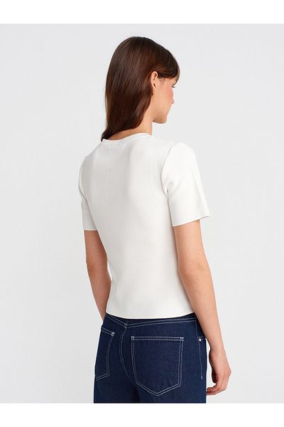 Dilvin 10733 Crew Neck Pocket Buttoned Knitwear Blouse-Ecru