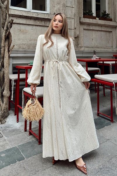 Olcay Guipure-Kleid mit Knöpfen und Brit-Accessoires BEIGE 9297-E