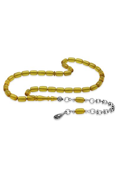 Tesbihane Non-Tarnish Metal Albanian Chain Tasseled Capsule Cut Soft Yellow Wrist Length Fire Amber Prayer Beads