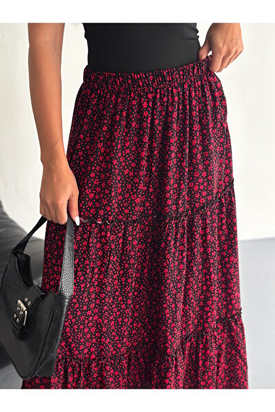 YUSUF CAN KARATAŞ KARATAŞ GİYİM Women's Large Size Red Color Elastic Waist Ruffled Woven Fabric Long Skirt Length 100 cm