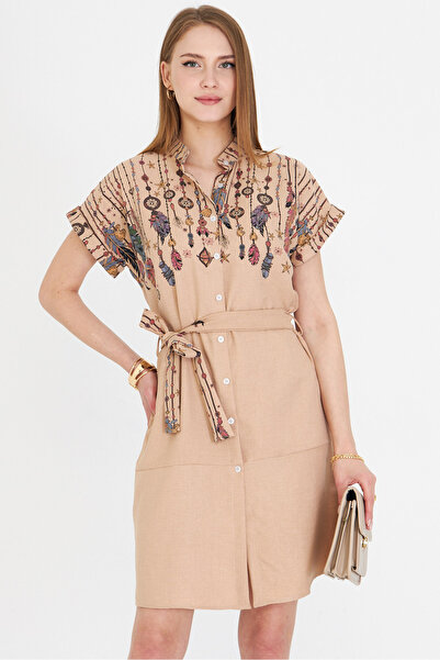 armonika Γυναικείο πουκάμισο με κοντό μανίκι με γιακά βιζόν με ζώνη μέση ARM-25Y 001054