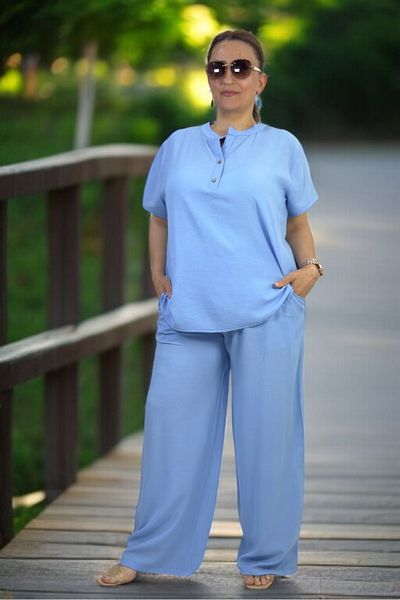 yagmurberen BLUZĂ CU GULER DOMINANT CU JUMĂTATE DE BUTON ÎN FATA PANTALONI CU TALIE ELASTICĂ ȚESĂTĂ SEERSERI MĂRIMEA MARE COSTUME DUBLĂ