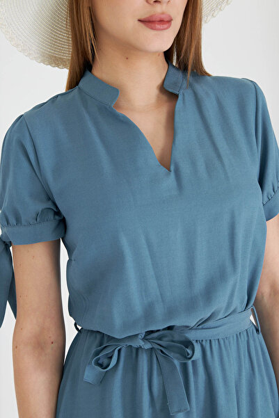 armonika Women's Indigo Judge Collar Sleeve Tie-Up Elastic Waist Belt Short Dress Arm-23Y 001088