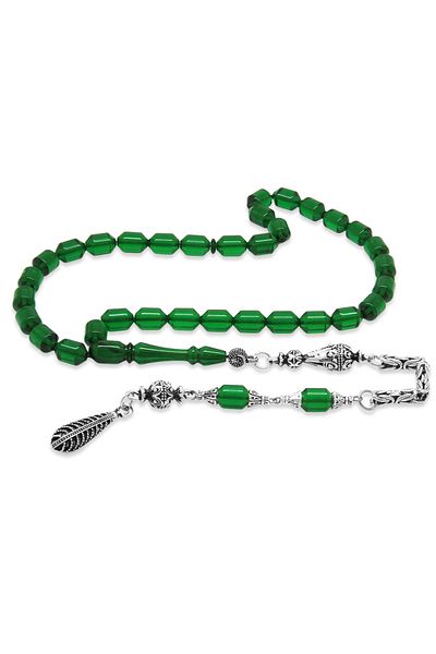 Tesbihane Emerald Green Non-Tarnish Metal King Prayer Beads - Tasseled Capsule Cut