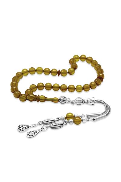 Tesbihane Non-Tarnish Metal Tasseled Globe Cut Wrist Size Yellow Fire Amber Prayer Beads