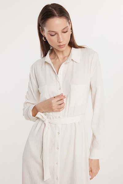 Tudors Women's Regular Fit Long Sleeve Tie Classic Collar Pocket Long Ecru Dress