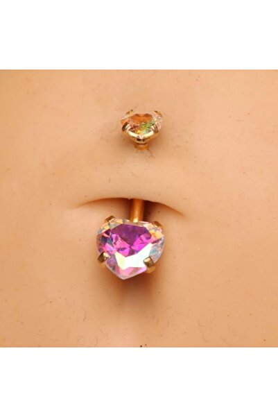 Bylin Çift Kalp Hologramlı Zirkon Taşlı Cerrahi Çelik Göbek Piercing - Bar Uz...