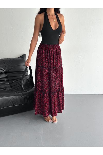 YUSUF CAN KARATAŞ KARATAŞ GİYİM Women's Large Size Red Color Elastic Waist Ruffled Woven Fabric Long Skirt Length 100 cm