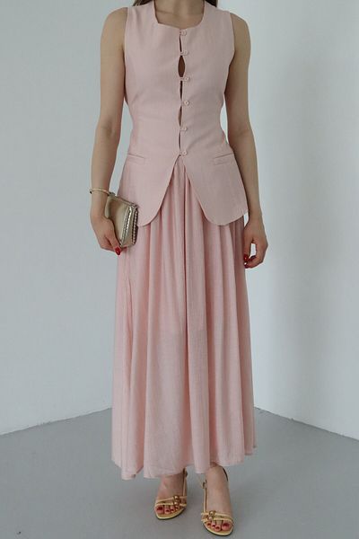 Laluvia Pink Vest Elastic Waist Skirt Suit - 8651