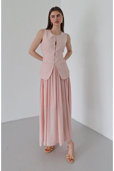 Laluvia Pink Vest Elastic Waist Skirt Suit - 8651