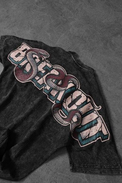 Slatra Ανδρικό μπλουζάκι με στάμπα από φίδι από ανθρακί Special Washable Fabric Oversize