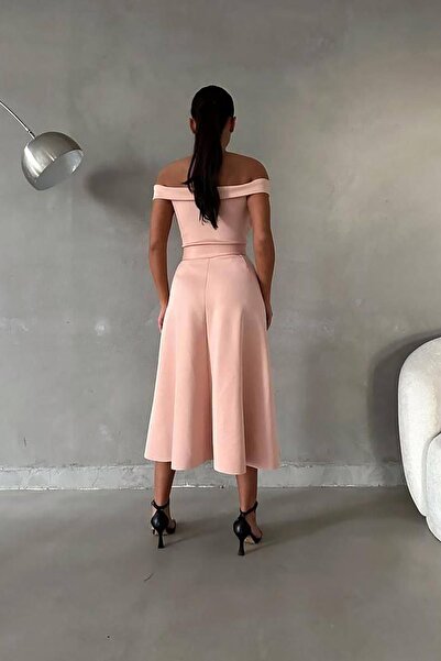 Deafox Powder Scuba Fabric Madonna Collar Belted Dress