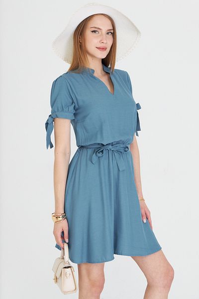 armonika Women's Indigo Judge Collar Sleeve Tie-Up Elastic Waist Belt Short Dress Arm-23Y 001088