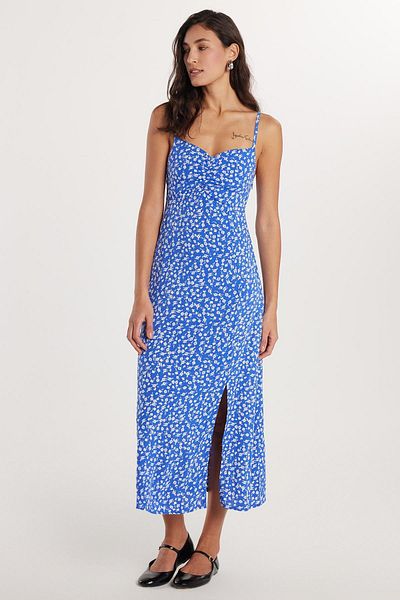 Tudors Rochie albastră din viscoză, cu decolteu în V, cu bretele subțiri, slim fit