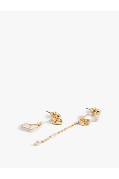 Koton Pearl Detailed Chain Dangle Heart Asymmetric Earrings