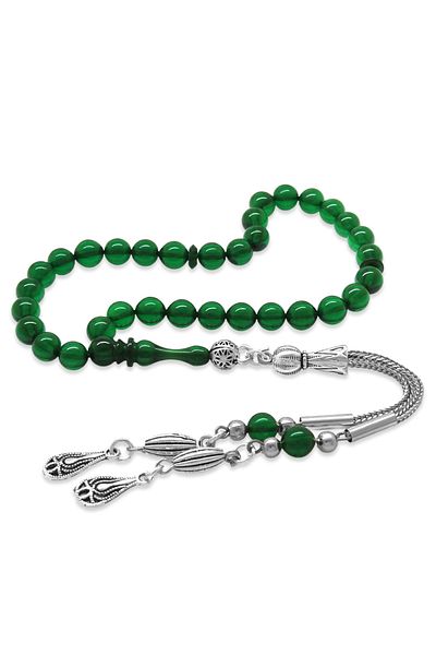 Tesbihane Anti-Tarnish Metal Tasseled Globe Cut Wrist Size Emerald Green Fire Amber Rosary