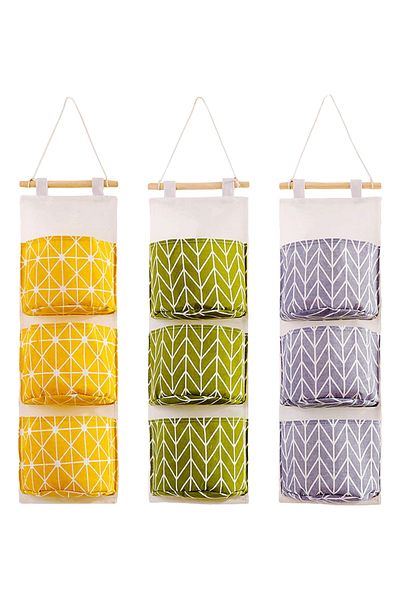 CRACOS Bathroom hanging organizer set, 3 textile shelves, gray, yellow, green, 3 pieces