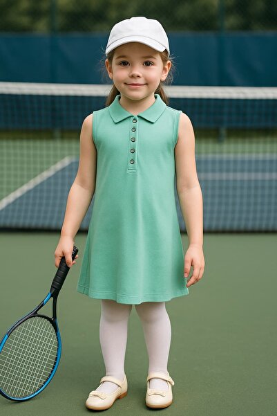 Mcrkids فستان بناتي من قماش اللاكوس الفيروزي بدون أكمام بياقة بولو