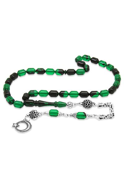 Tesbihane Non-Tarnish Metal King Chain Tasseled Tip Capsule Cut Green-Black Fire Amber Prayer Beads