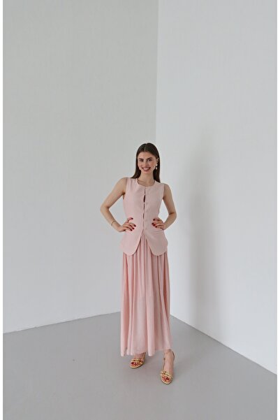 Laluvia Pink Vest Elastic Waist Skirt Suit - 8651
