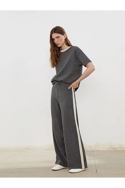 LC Waikiki Lcw Vision Anthracite Women's Knitwear Trousers with Elastic Waistband and Stripe Detail