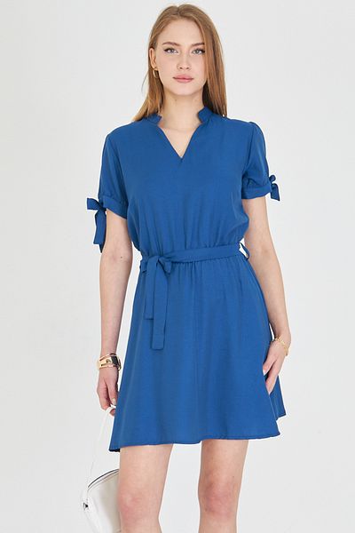 armonika Rochie scurtă pentru femei, albastru închis, cu mâneci cu guler, cu talie elastică, cu centură ARM-23Y 001088