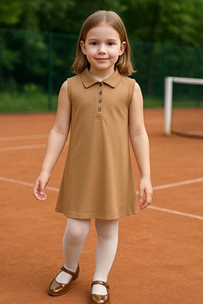 Mcrkids فستان بناتي بدون أكمام بياقة بولو من قماش اللاكوس باللون البيج
