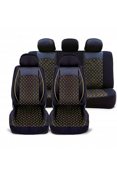 Umbrella Set huse scaune auto universale, piele ecologica neagra cu material textil negru si cusaturi galbene
