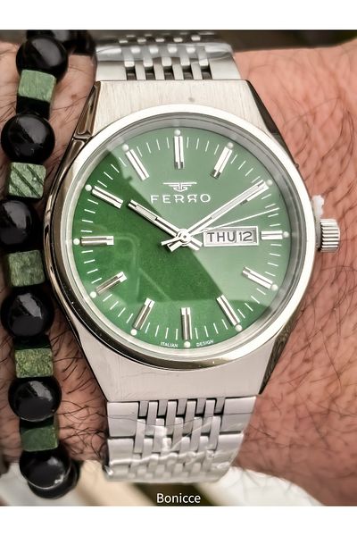 FERRO Silver Green, Steel Cord, with 2 Language Options Calendar, Men's Wristwatch Bracelet in Special Box Gift