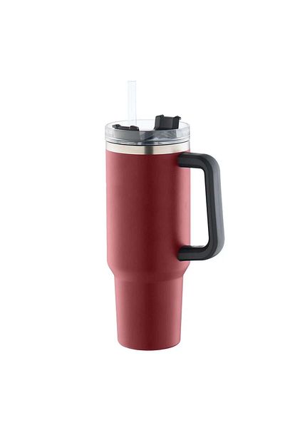 Quasar & Co. Thermos Mug With Handle And Straw ®, With To Go Lid, Hot/Cold Drinks, Stainless Steel, 1.2 L, Red
