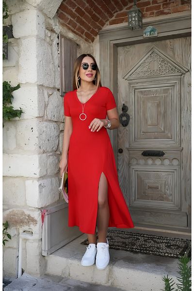 StilVibe Women's Short Sleeve V-Neck Front Single Slit Viscose Dress