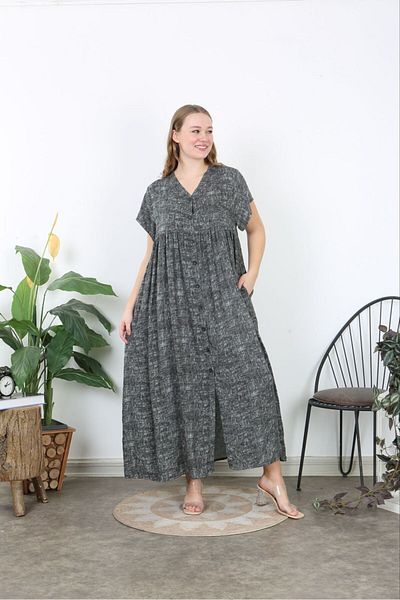 Şans Women's Plus Size Gray Woven Viscose Length Button-Down Side Slit Long Dress with Pockets 65N38734