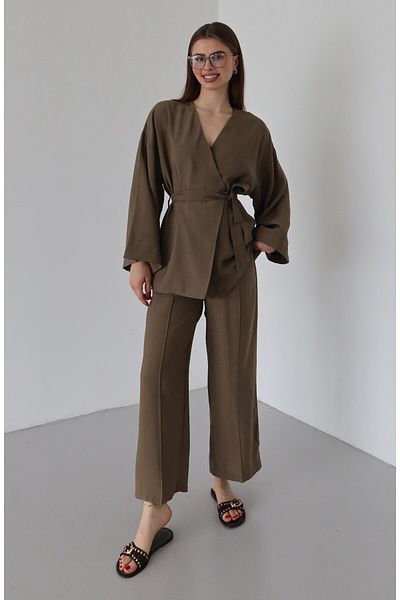 Laluvia Brown Tie Kimono Set - 8685