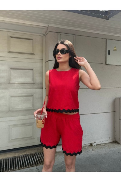 LE CARAMBOLE Women's Red Hem Detailed Linen Blouse Shorts Double Bottom Top Set