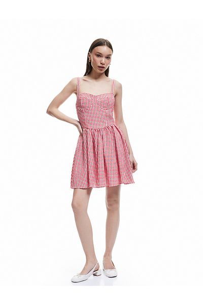 Koton Strappy U-Neck Pleated Gingham A-Line Mini Dress
