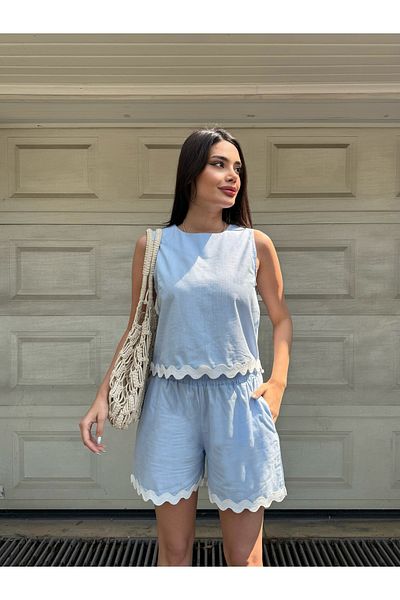 LE CARAMBOLE Women's Blue Hem Detailed Linen Blouse Shorts Double Bottom Top Set