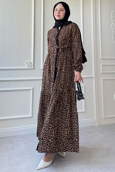 InStyle Buttoned Leopard Pattern Viscose Black Dress