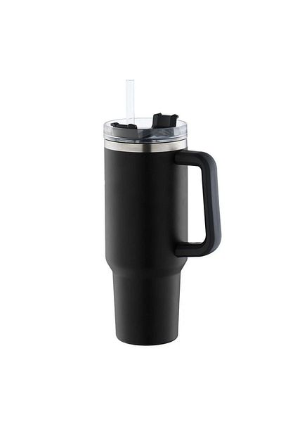 Quasar & Co. Thermos Mug With Handle And Straw, With To Go Lid, Hot/Cold Drinks, Stainless Steel, 1.2 L, Black