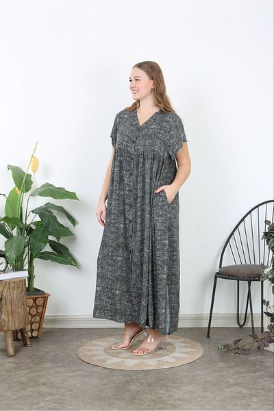 Şans Women's Plus Size Gray Woven Viscose Length Button-Down Side Slit Long Dress with Pockets 65N38734