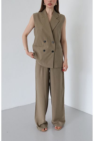 Laluvia Khaki Black Buttoned Vest Trousers Suit - 9568