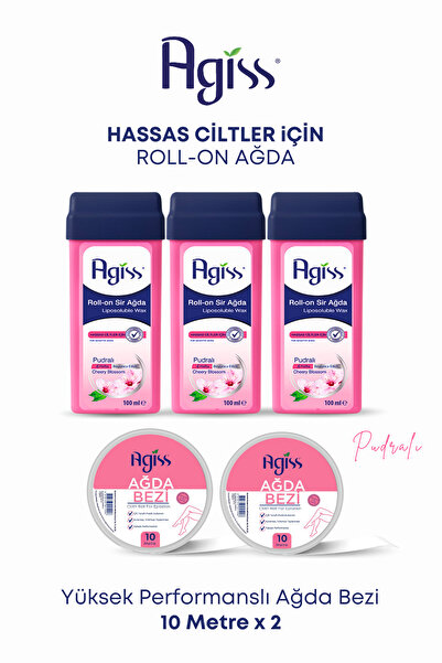 AGISS 3 Adet Kartuş Roll-on Ağda 2 Adet 10 Metre Ağda Bezi Hassas Ciltler için Ağda Seti