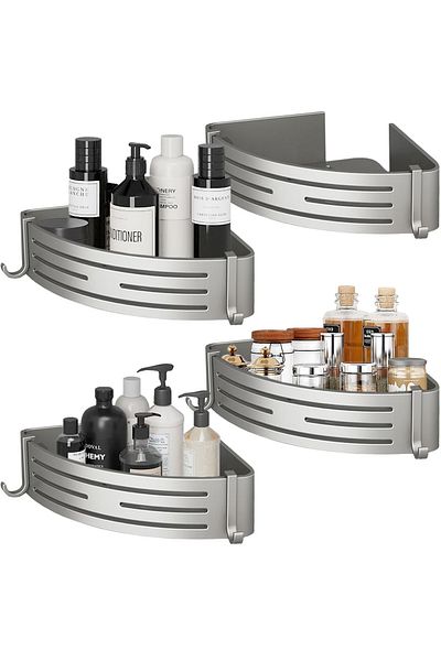 Quasar & Co. Set of 4 Corner Shelves, universal, hanging, with 8 Hooks, 21x21x6.8cm, Metallic Grey