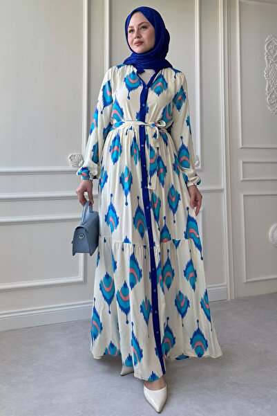 InStyle İkat Pattern Saks Blue Viscose Dress