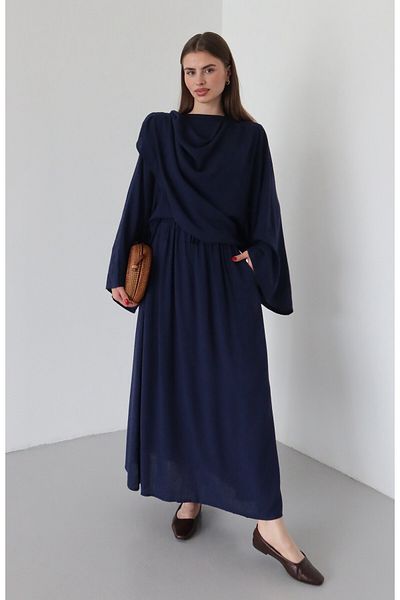 Laluvia Marineblaues Cape-Blusenrock-Set – 8672