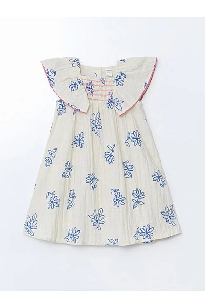 LC Waikiki LCW Kids Ecru Floral Gathered Κοριτσίστικο λινό φόρεμα