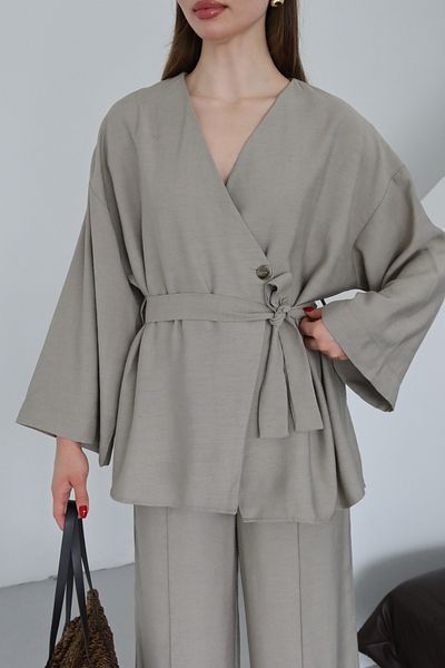 Laluvia Khakifarbener Kimono-Anzug zum Binden – 8685
