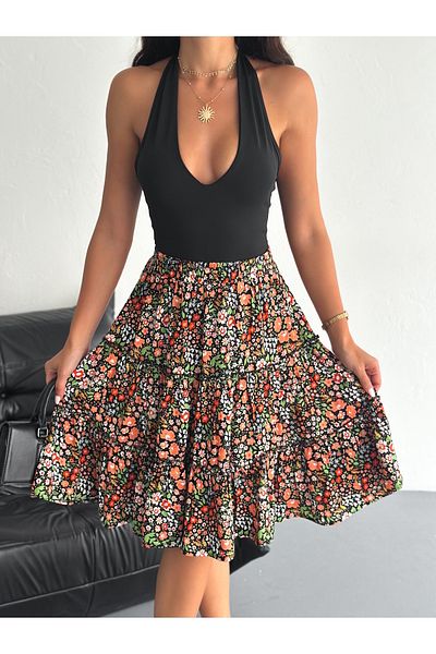 YUSUF CAN KARATAŞ KARATAŞ GİYİM Women S Stylish Floral Print High Waist Skirt - A-Line, Knee Length, Spring/Summer Fashion