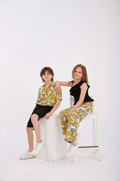 Hilal Akıncı Kids Boy's Patterned Shirt Black Denim Shorts Set of 2