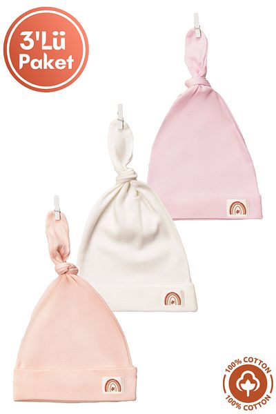 Miniel Unisex Baby Crest Detailed Laced Combed Organic Cotton Newborn 3-Piece Baby Beanie Set